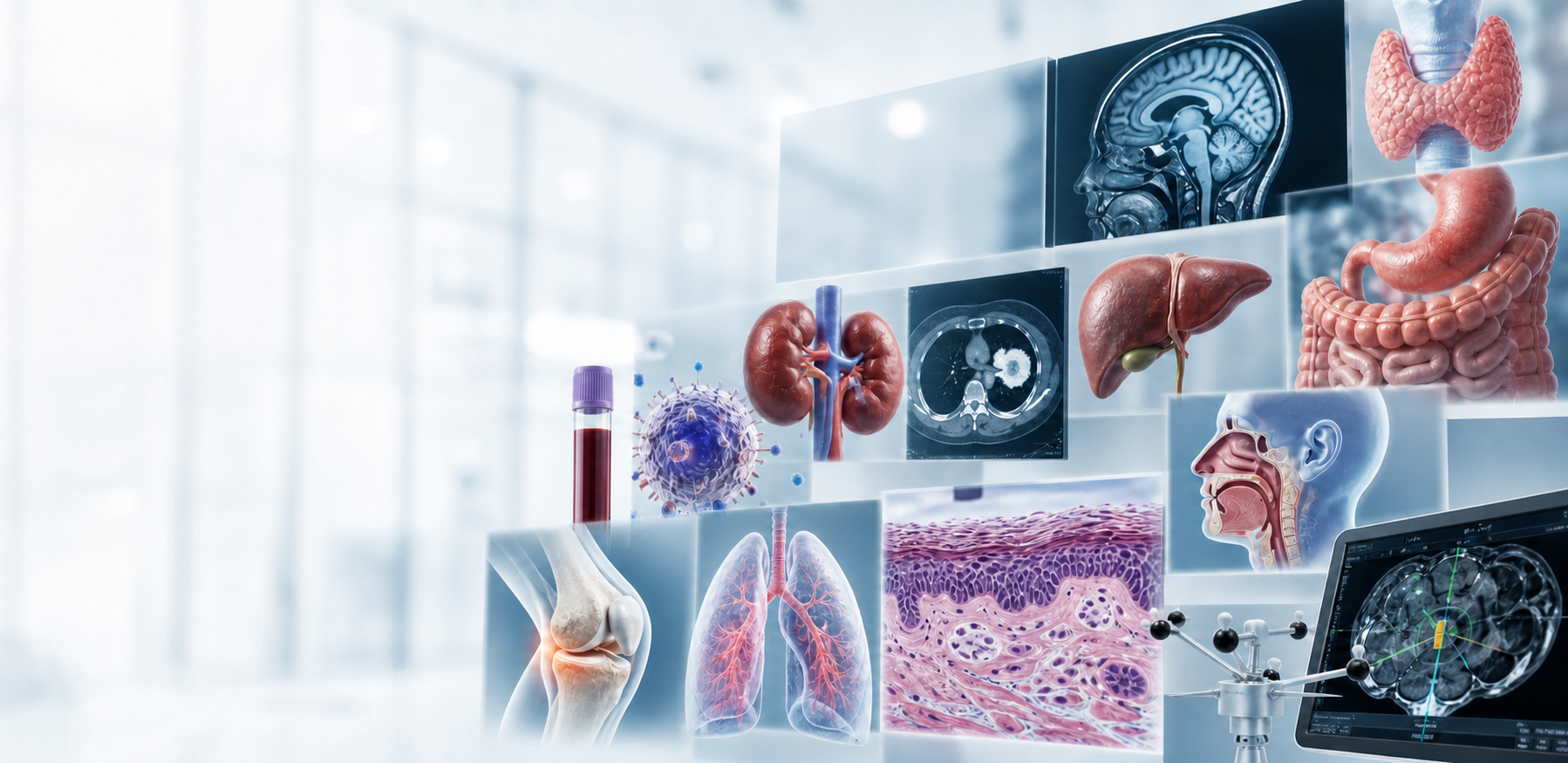 Medical collage with scans, tissue, blood, anatomy, and treatment cues